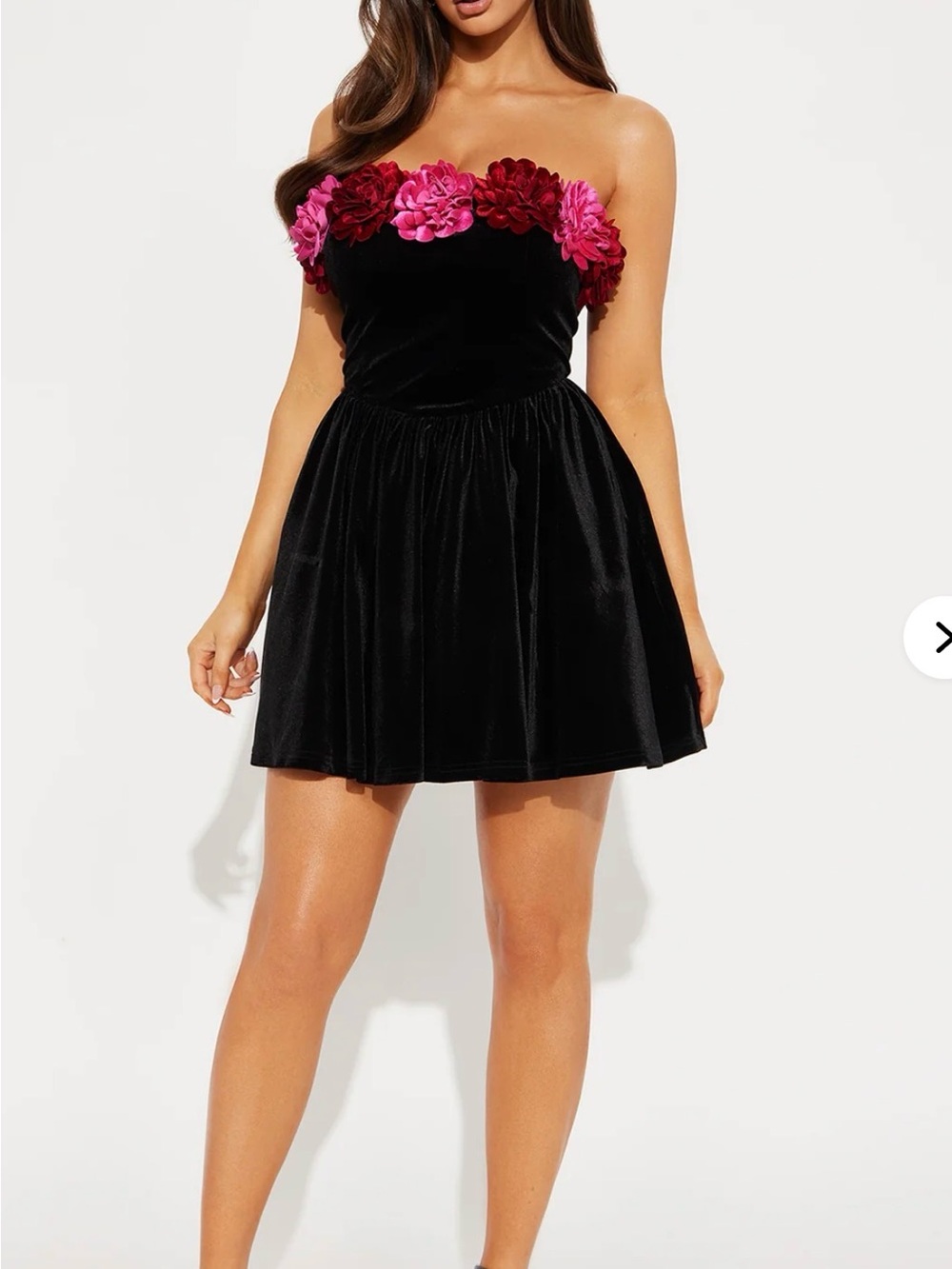 Fashion Nova Black Velvet Strapless Mini Dress with Pink & Red Floral Trim